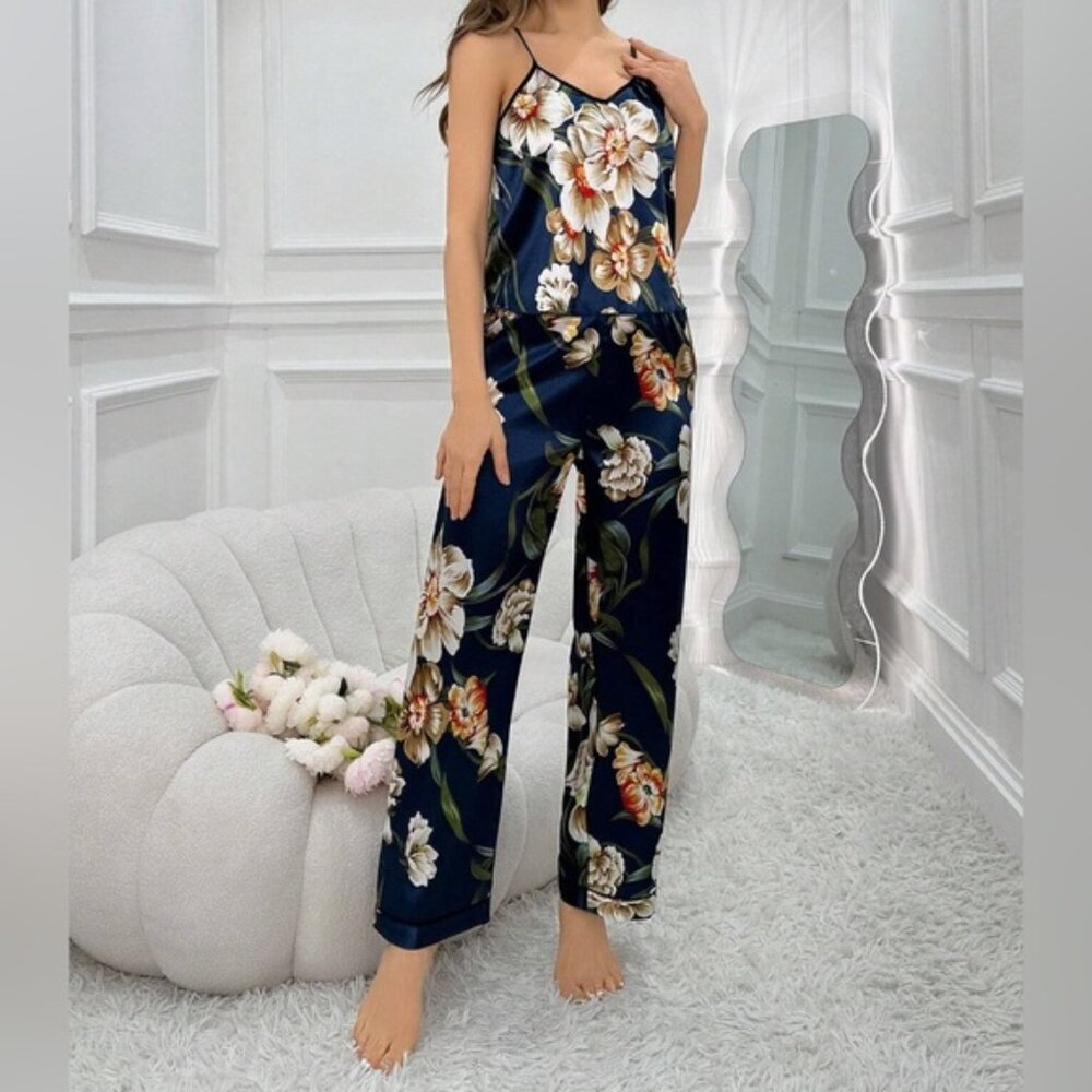 Navy Blue Floral Printed Satin Cami Top Pyjama Set